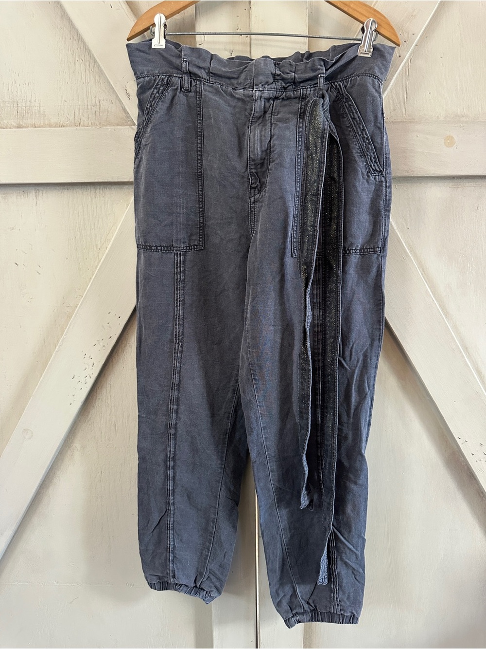 By Anthropologie Paperbag Belted Jogger Pants Gray Linen Blend Size 6